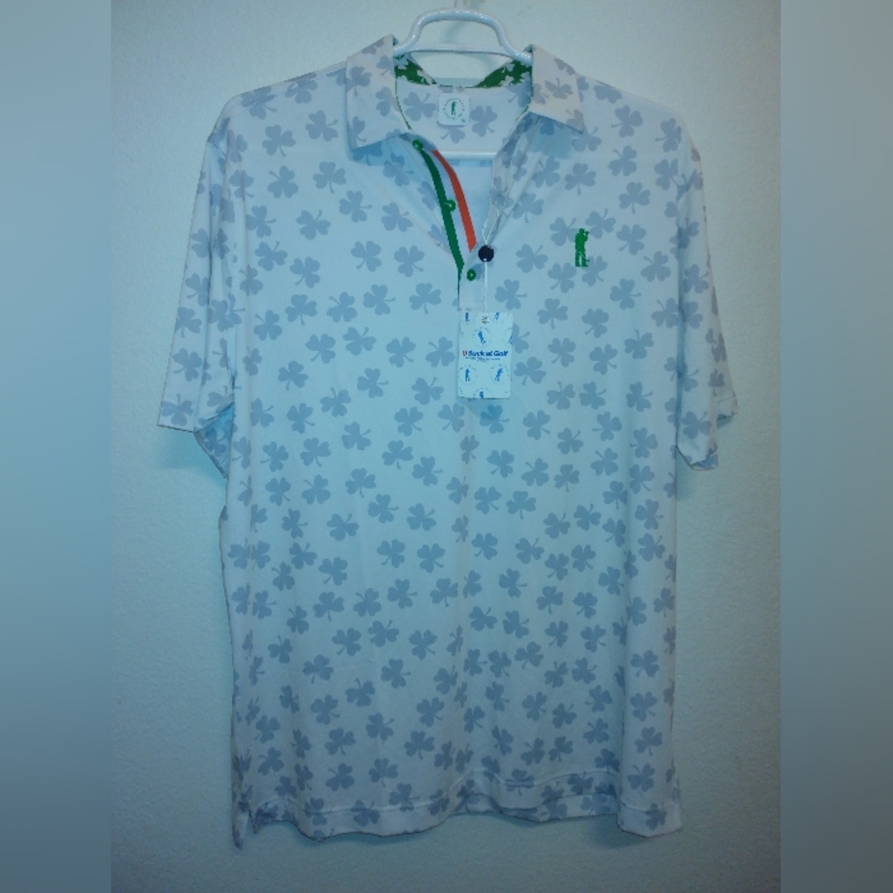 Fighting Irish Clover Print Golf Polo Shirt By U Suck At Golf Size XXL